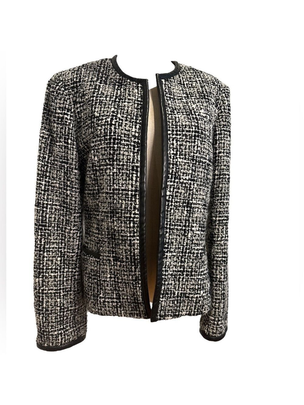 90s JONES NY BLACK & WHITE SALT & PEPPER TWEED JACKET BLACK LEATHER EDGES SZ 14 - Picture 2 of 8